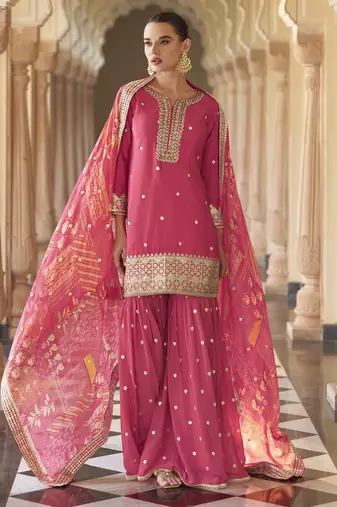 Pink embroidered silk semi-stitch sharara suit with dupatta