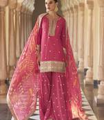 Pink embroidered silk semi-stitch sharara suit with dupatta