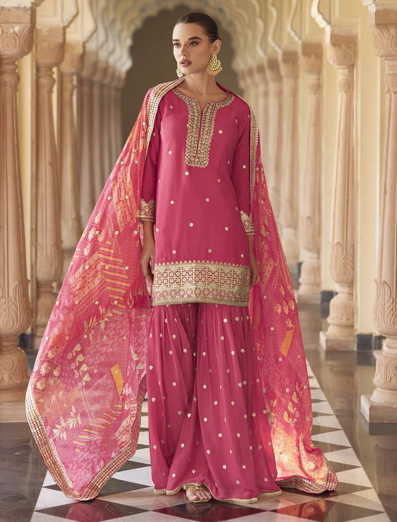Pink embroidered silk semi-stitch sharara suit with dupatta