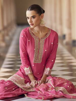 Pink embroidered silk semi-stitch sharara suit with dupatta 2