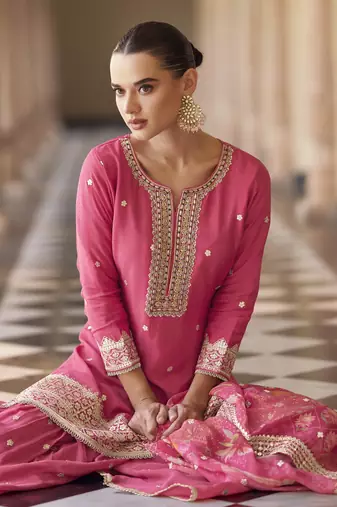 Pink embroidered silk semi-stitch sharara suit with dupatta
