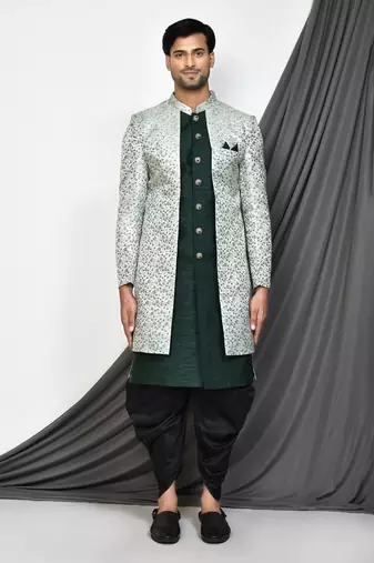 Bottle green front open pattern indo western