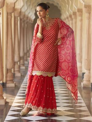 Red embroidered silk semi-stitch sharara suit with dupatta 2