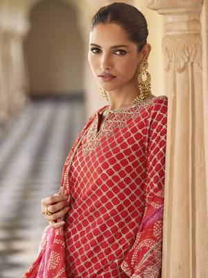 Red embroidered silk semi-stitch sharara suit with dupatta 3