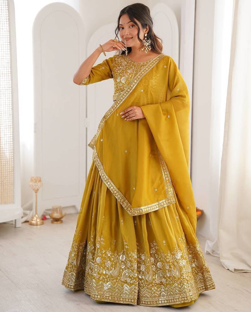 Mustard Color Thread With Sequnce Work Simmer Silk Lehenga Choli Set
