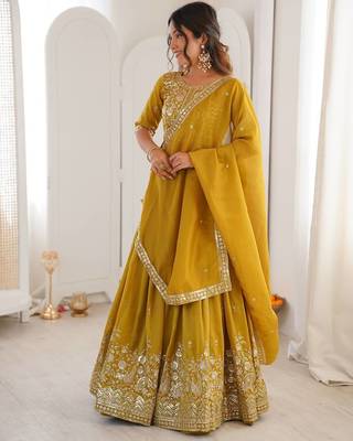 Mustard Color Thread With Sequnce Work Simmer Silk Lehenga Choli Set 3