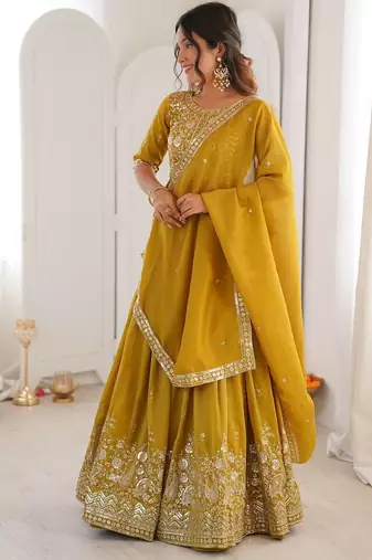 Mustard Color Thread With Sequnce Work Simmer Silk Lehenga Choli Set