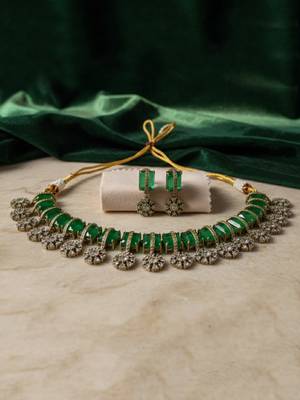 Elegant green stone choker necklace set with floral crystal drops & matching earrings for women 2