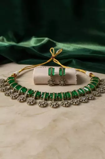 Elegant green stone choker necklace set with floral crystal drops & matching earrings for women