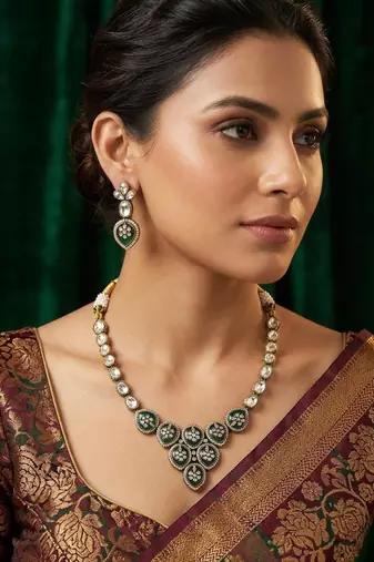 Traditional kundan & green stone necklace set with pearl accents & matching drop earrings for women