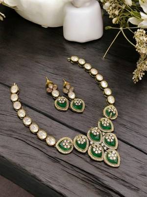 Traditional kundan & green stone necklace set with pearl accents & matching drop earrings for women 2