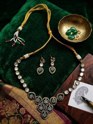 Traditional kundan & green stone necklace set with pearl accents & matching drop earrings for women 3