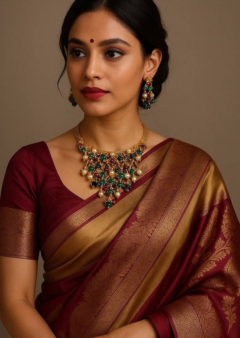 Multicolor beaded gold plated statement necklace set with dangler earrings for women