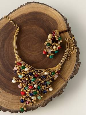Multicolor beaded gold plated statement necklace set with dangler earrings for women 2