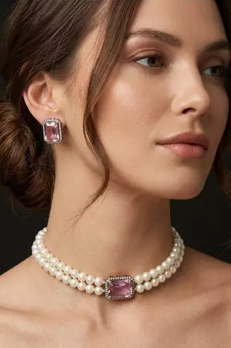 Elegant double-layer pearl necklace set with pink crystal pendant & matching stud earrings for women