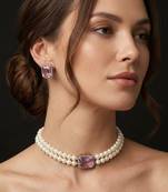 Elegant double-layer pearl necklace set with pink crystal pendant & matching stud earrings for women