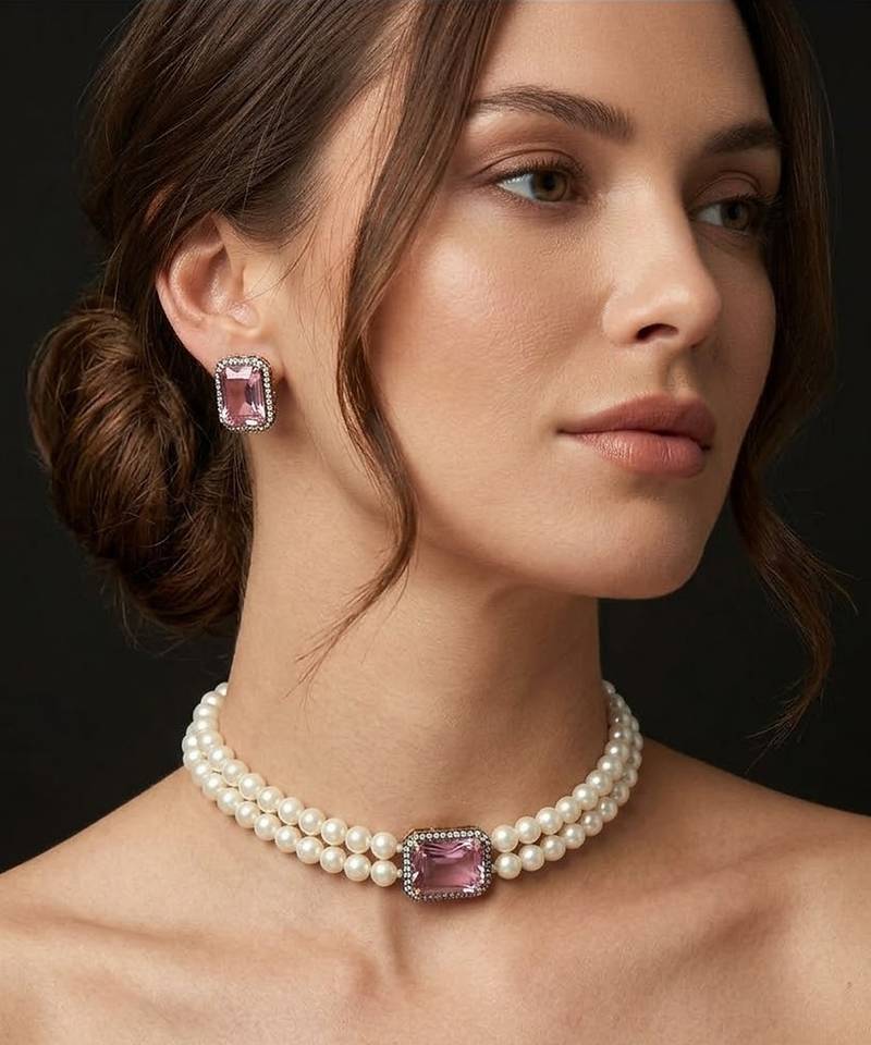 Elegant double-layer pearl necklace set with pink crystal pendant & matching stud earrings for women