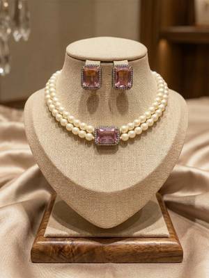 Elegant double-layer pearl necklace set with pink crystal pendant & matching stud earrings for women 2