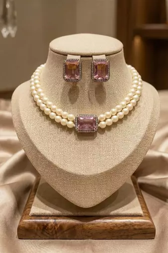 Elegant double-layer pearl necklace set with pink crystal pendant & matching stud earrings for women
