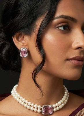 Elegant double-layer pearl necklace set with pink crystal pendant & matching stud earrings for women 3