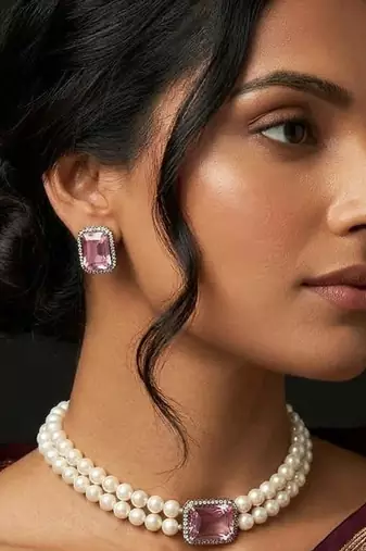 Elegant double-layer pearl necklace set with pink crystal pendant & matching stud earrings for women