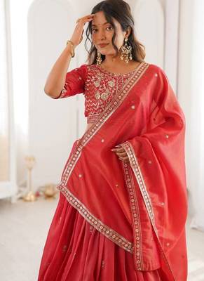 Orange Color Thread With Sequnce Work Simmer Silk Lehenga Choli Set 2