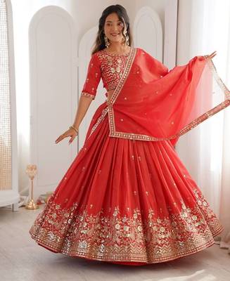 Orange Color Thread With Sequnce Work Simmer Silk Lehenga Choli Set 3