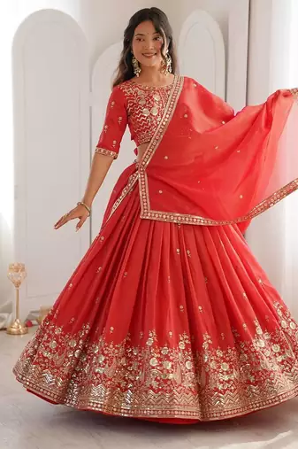 Orange Color Thread With Sequnce Work Simmer Silk Lehenga Choli Set