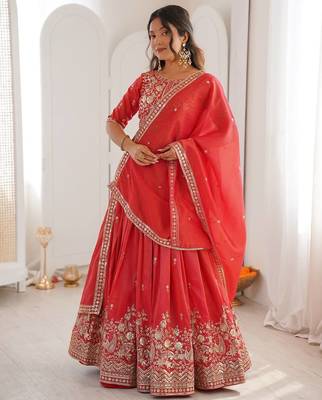 Orange Color Thread With Sequnce Work Simmer Silk Lehenga Choli Set 1