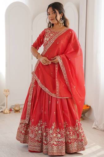 Orange Color Thread With Sequnce Work Simmer Silk Lehenga Choli Set