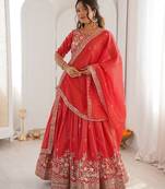 Orange Color Thread With Sequnce Work Simmer Silk Lehenga Choli Set