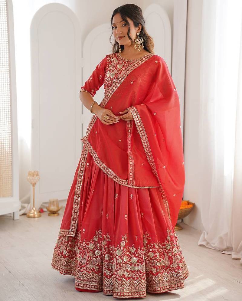 Orange Color Thread With Sequnce Work Simmer Silk Lehenga Choli Set