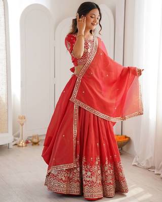 Orange Color Thread With Sequnce Work Simmer Silk Lehenga Choli Set 4