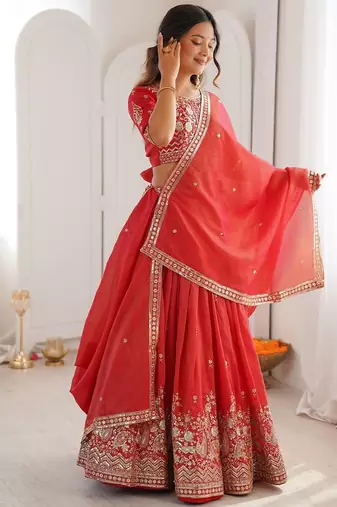 Orange Color Thread With Sequnce Work Simmer Silk Lehenga Choli Set