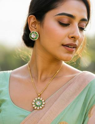 Traditional kundan & green meenakari pendant necklace set with matching stud earrings for women 1
