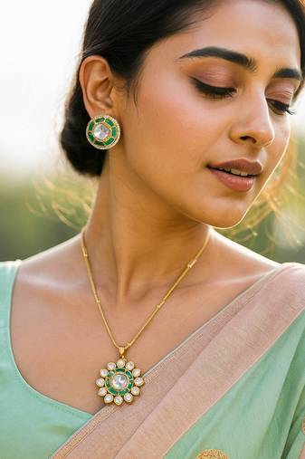 Traditional kundan & green meenakari pendant necklace set with matching stud earrings for women