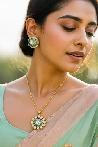 Traditional kundan & green meenakari pendant necklace set with matching stud earrings for women