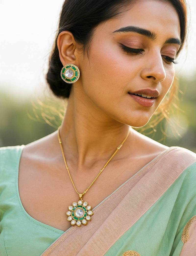 Traditional kundan & green meenakari pendant necklace set with matching stud earrings for women