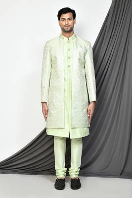 Sea green front open pattern design with detached inside sleeveless jacket indo western 5