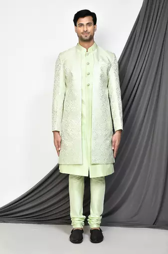 Sea green front open pattern design with detached inside sleeveless jacket indo western