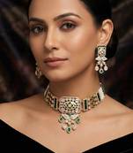 Royal kundan & green stone choker necklace set with pearl detailing & matching drop earrings for women