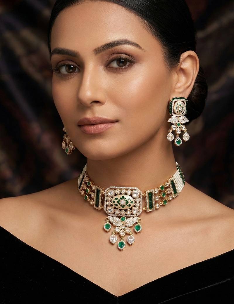 Royal kundan & green stone choker necklace set with pearl detailing & matching drop earrings for women