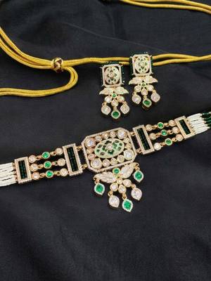 Royal kundan & green stone choker necklace set with pearl detailing & matching drop earrings for women 2