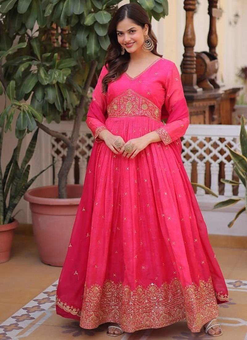Pink zari & sequins embroidered work  stitched gown with dupatta set