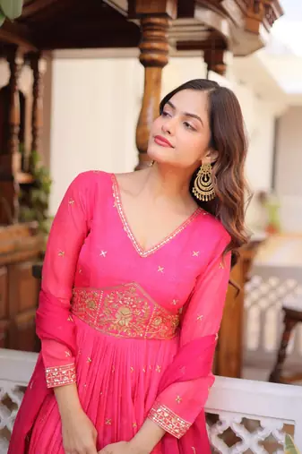 Pink zari & sequins embroidered work  stitched gown with dupatta set