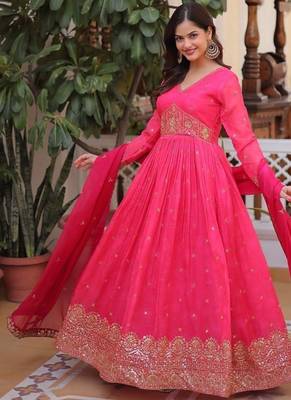 Pink zari & sequins embroidered work  stitched gown with dupatta set 4