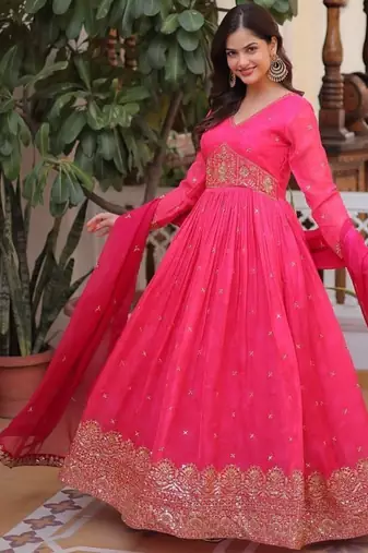 Pink zari & sequins embroidered work  stitched gown with dupatta set