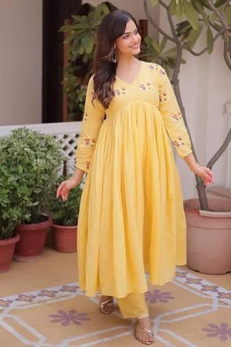 Yellow embroidered work  stitched kurti with pant set