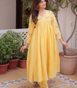 Yellow embroidered work  stitched kurti with pant set