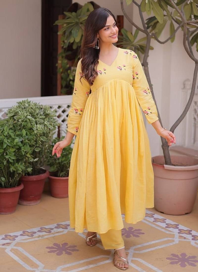 Yellow embroidered work  stitched kurti with pant set